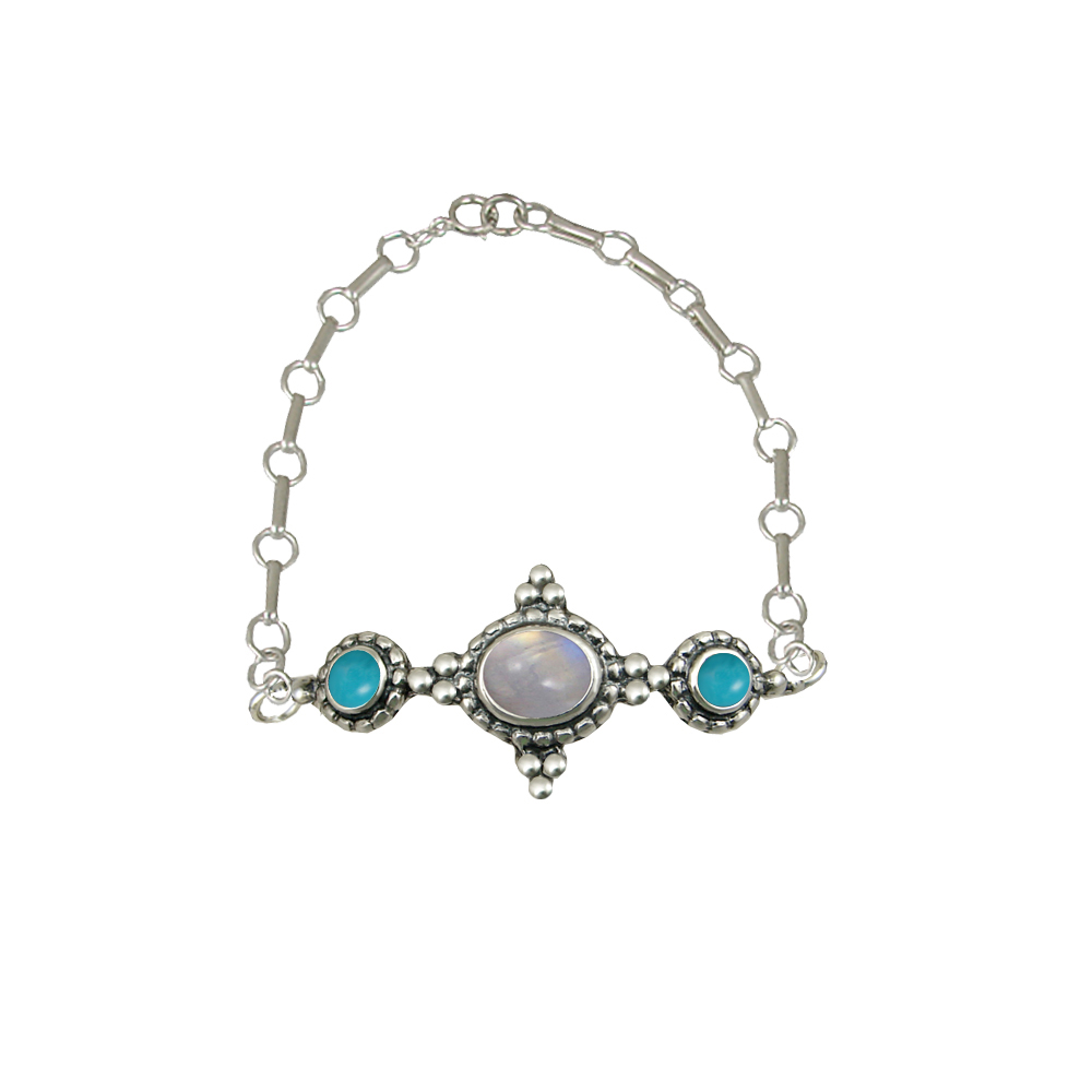 Sterling Silver Gemstone Adjustable Chain Bracelet With Rainbow Moonstone And Turquoise